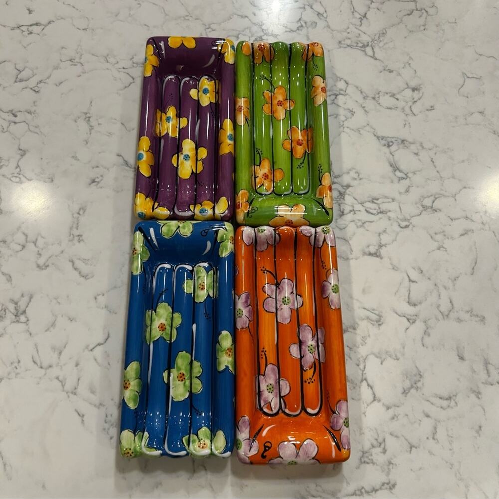 Set of 4 Ceramic Floral Print Rectangle Ribbed Dishes